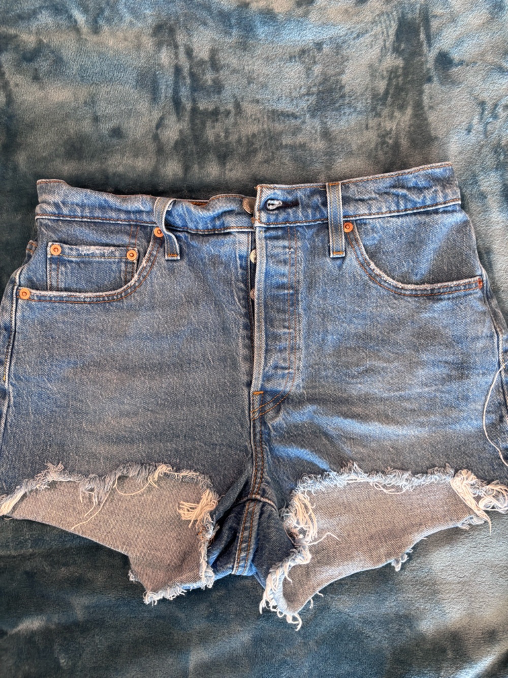 High-Waisted Distressed Denim Shorts - Medium Blue